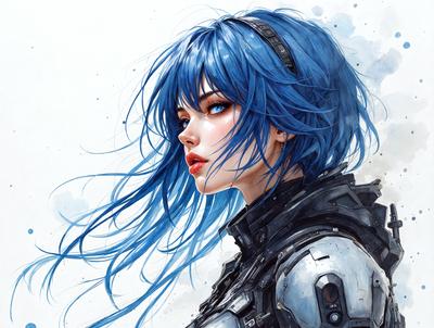 The primary subject of the image is a woman with blue hair, wearing a futuristic outfit. She is the main focus of the image. The setting is a futuristic environment, possibly a space station or a high-tech city. The visual style is a digital art or illustration, with a strong focus on the woman's appearance and the futuristic elements of her outfit. The colors and mood of the image are predominantly blue, with a sense of mystery and intrigue.